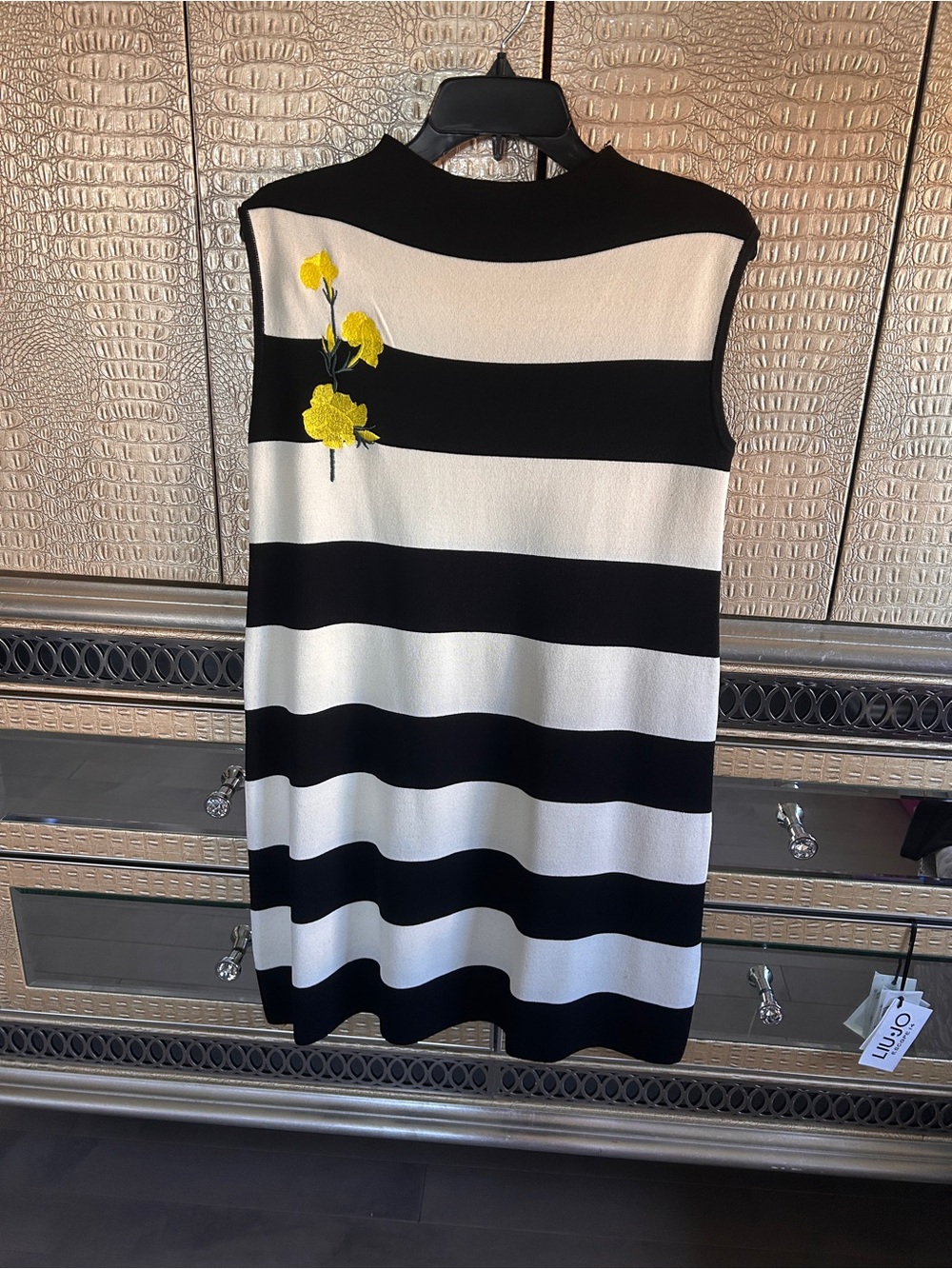 Black & White Striped Sleeveless Dress with Yellow Floral Applique